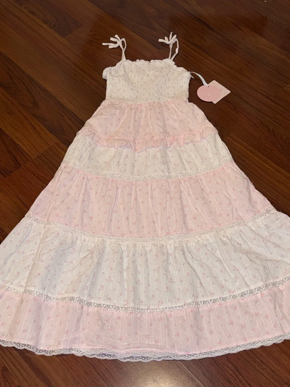 NWT LoveShackFancy X Target Tiered Smocked Ruffle Dress Sz 12/14 Pink White Bows